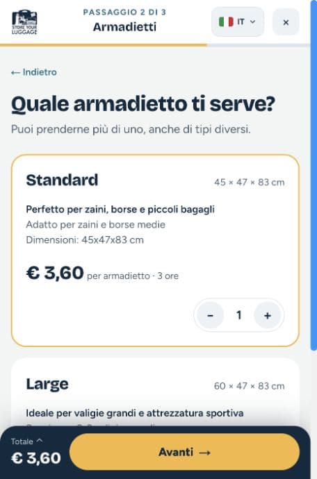 Standard and Large locker selection on mobile